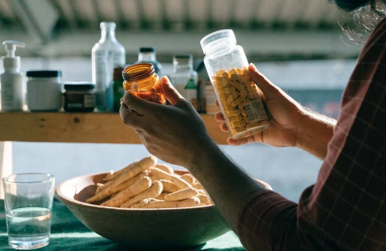 Cápsulas de ginseng junto a un vaso de agua en una cocina con luz de mañana