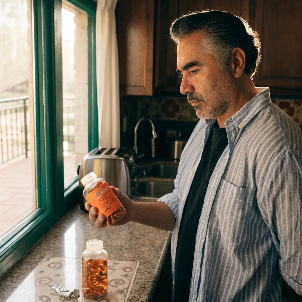 Hombre comparando dos frascos de multivitamínico sobre la barra de su cocina