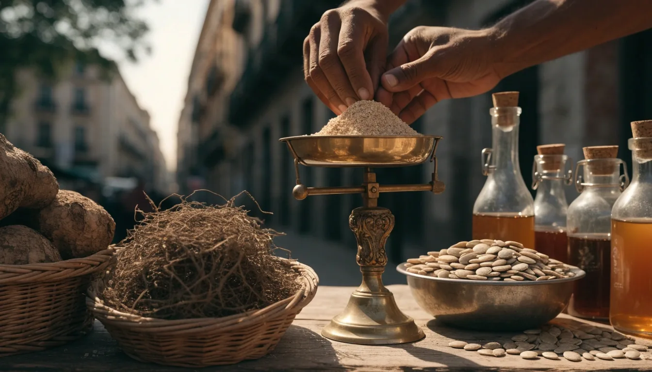 Puesto de mercado con raíces botánicas, semillas y frascos sobre una mesa de madera