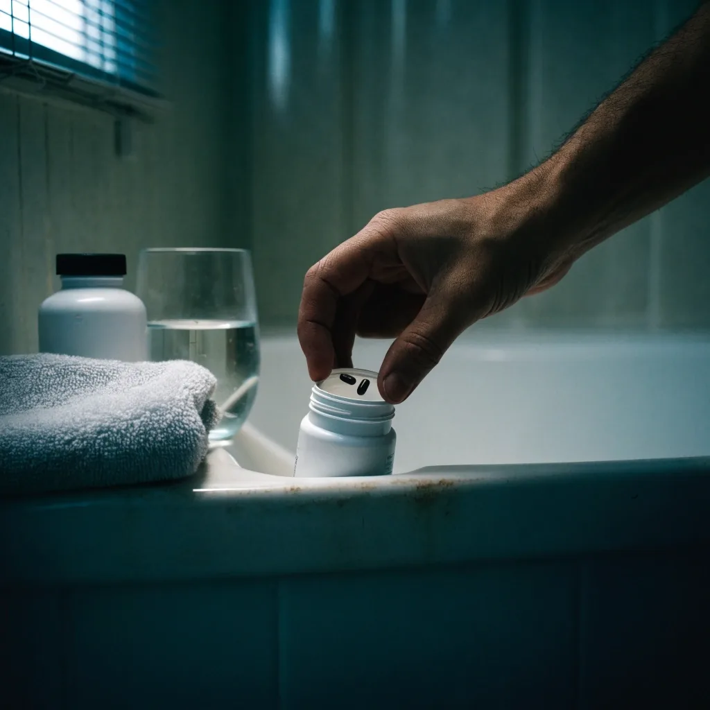 Un hombre saca cápsulas de un frasco sobre el lavabo en la primera luz de la mañana