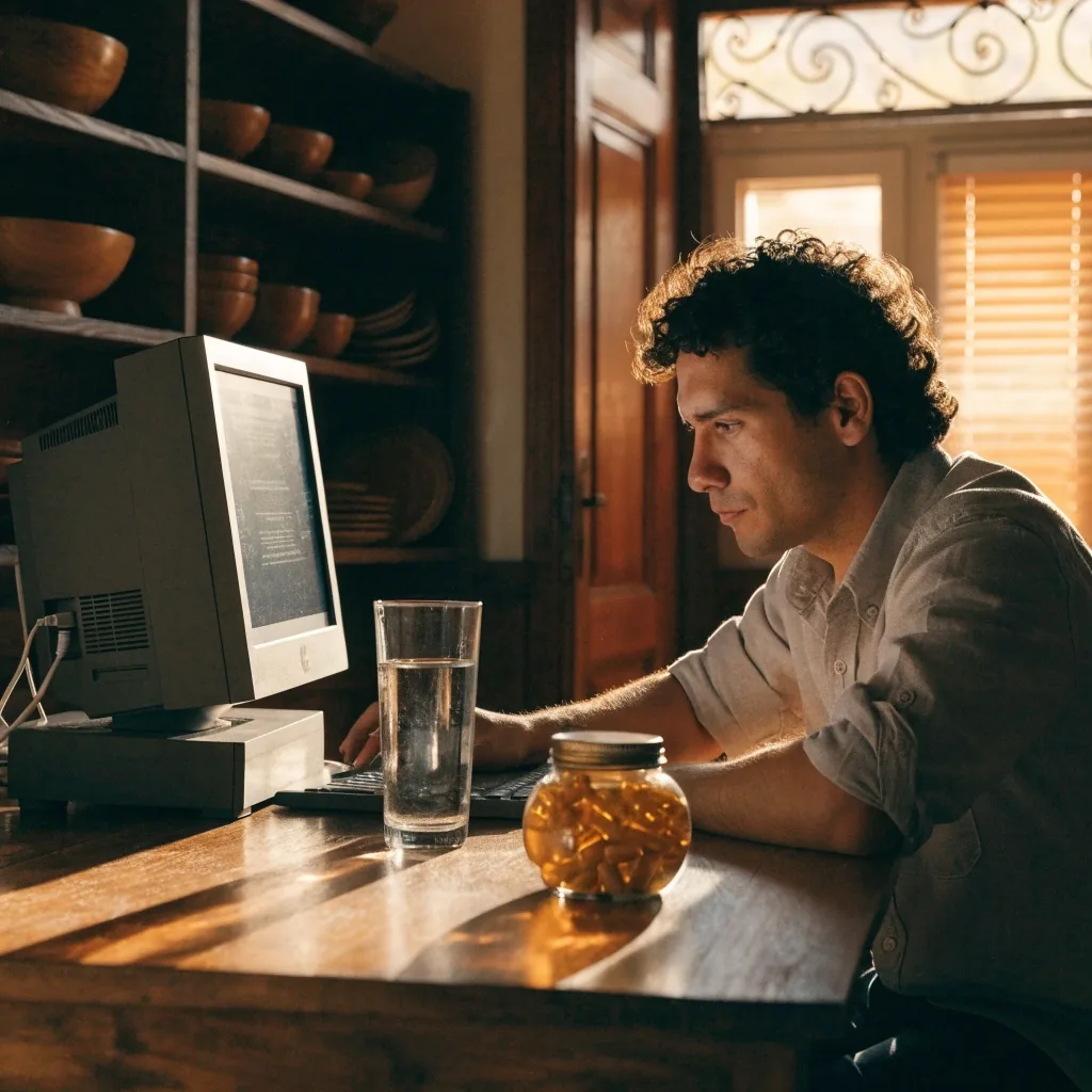 Hombre escribiendo por correo en su computadora junto a un frasco de cápsulas naturales sobre la mesa