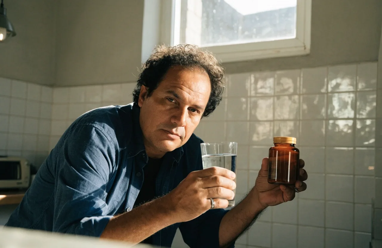 Hombre de mediana edad tomando agua junto a un frasco de suplemento en su cocina por la mañana