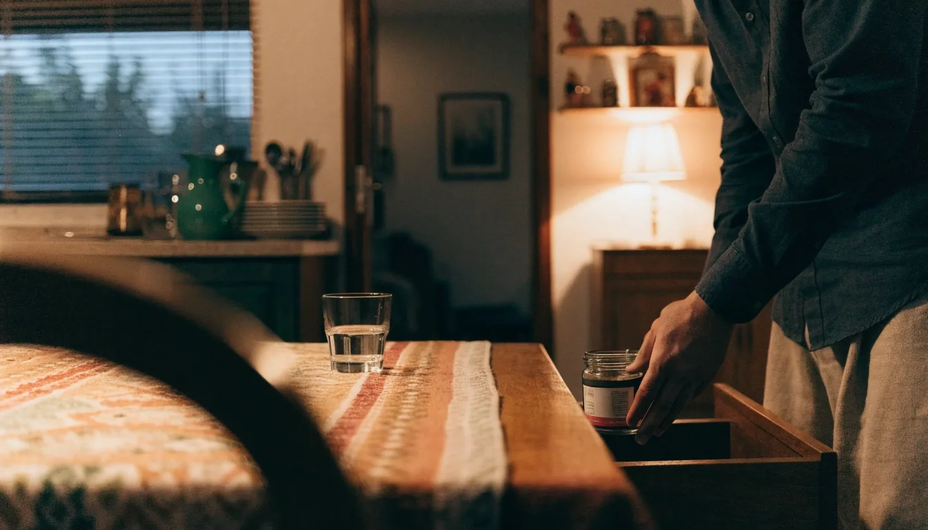 Rincón tranquilo de oficina en casa al atardecer con un frasco de cápsulas y un vaso de agua sobre el escritorio