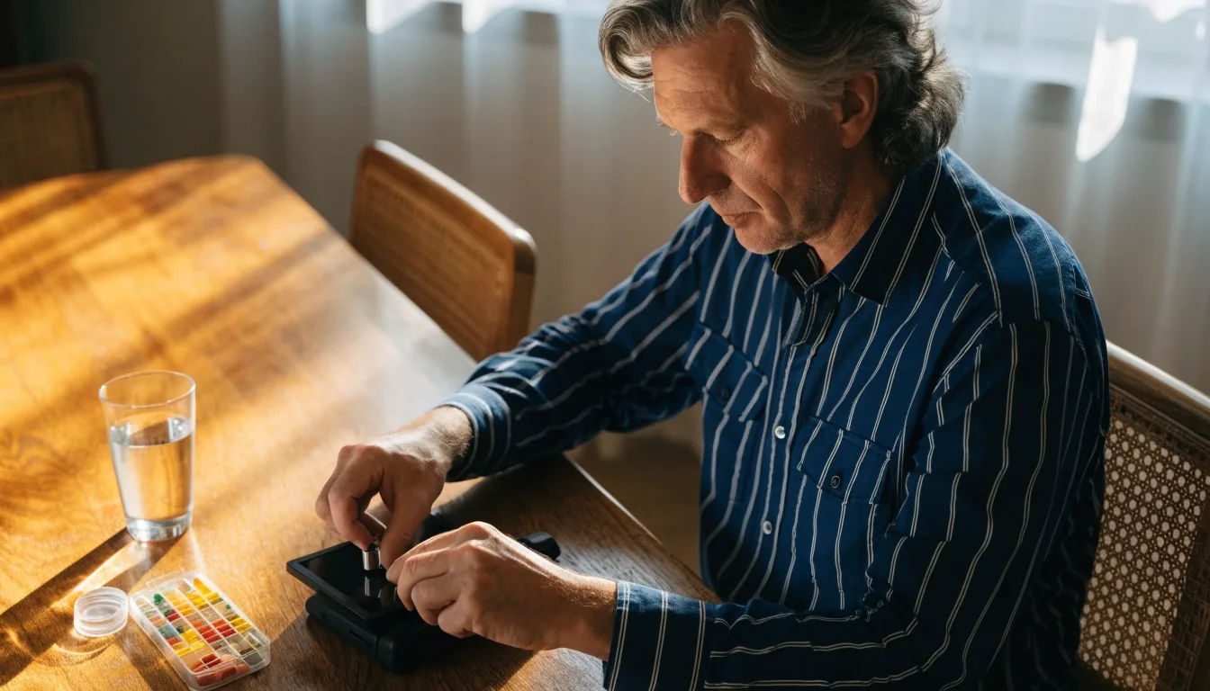 Hombre adulto revisando la configuración de su navegador en la mesa de su casa, con un vaso de agua y un organizador de cápsulas a un lado
