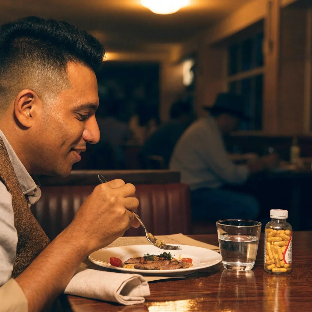 Cocina por la noche con un hombre terminando la cena y un frasco de cápsulas sobre la barra
