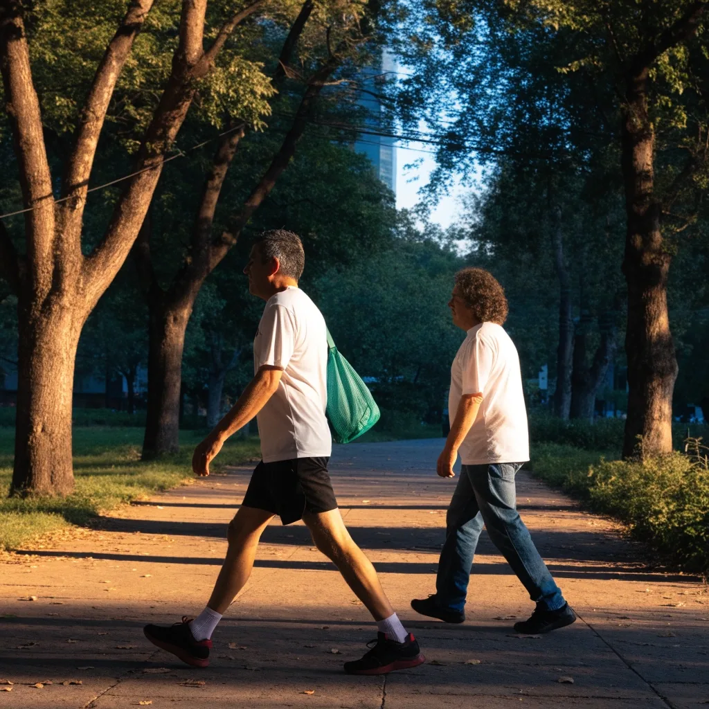 Dos hombres caminando a paso ligero por un parque arbolado al atardecer