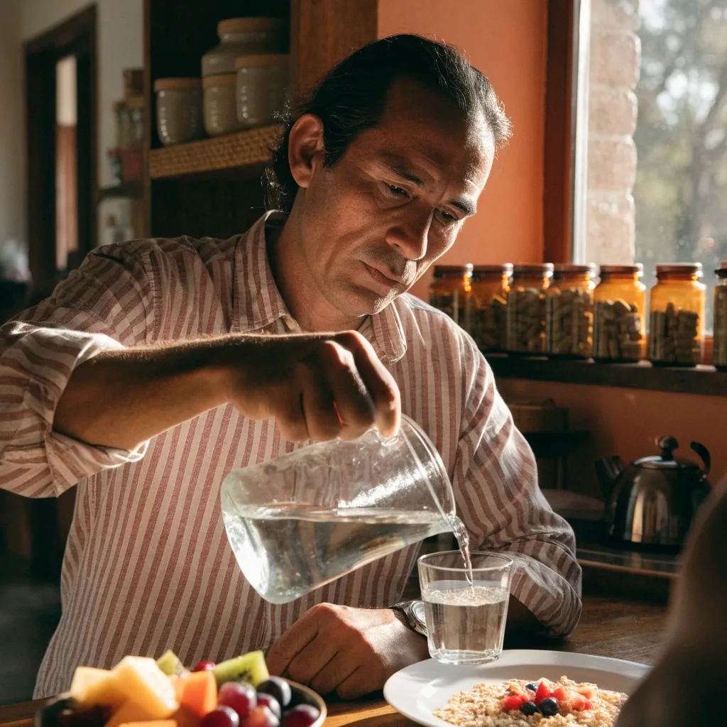 Hombre adulto sirviendo agua en la cocina por la mañana junto a su rutina de suplementos