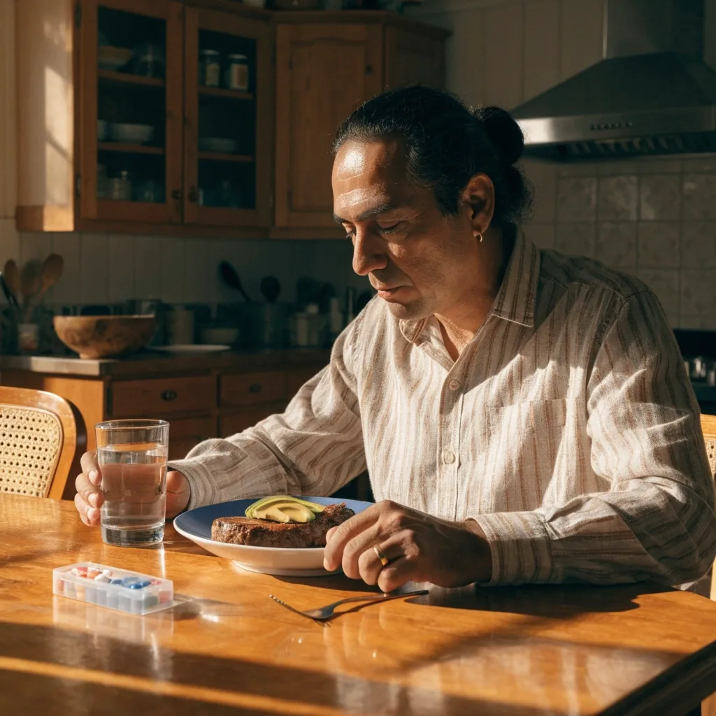 Mesa de desayuno con agua, fruta y organizador semanal de cápsulas bajo luz de mañana