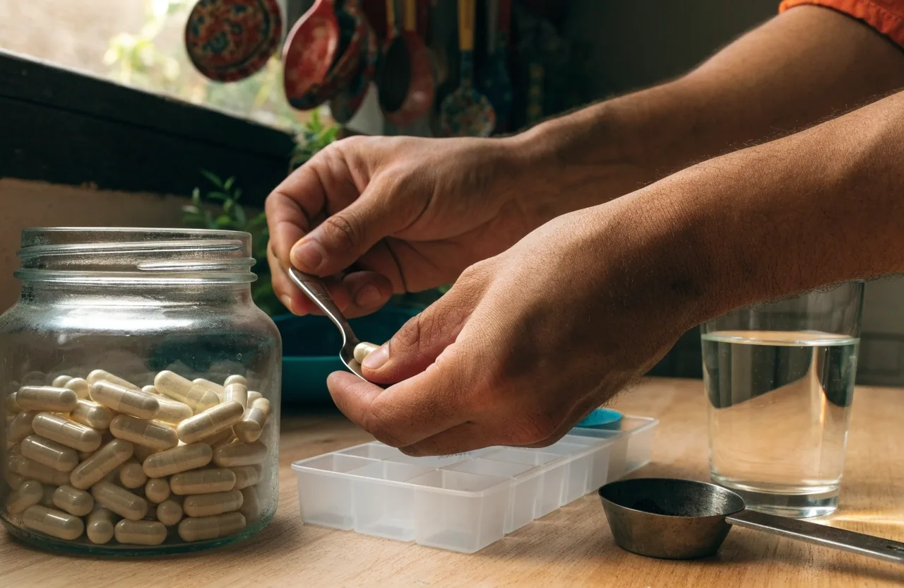Estante con frascos de apoyo nutricional, blísteres y un vaso de agua en un baño con luz natural