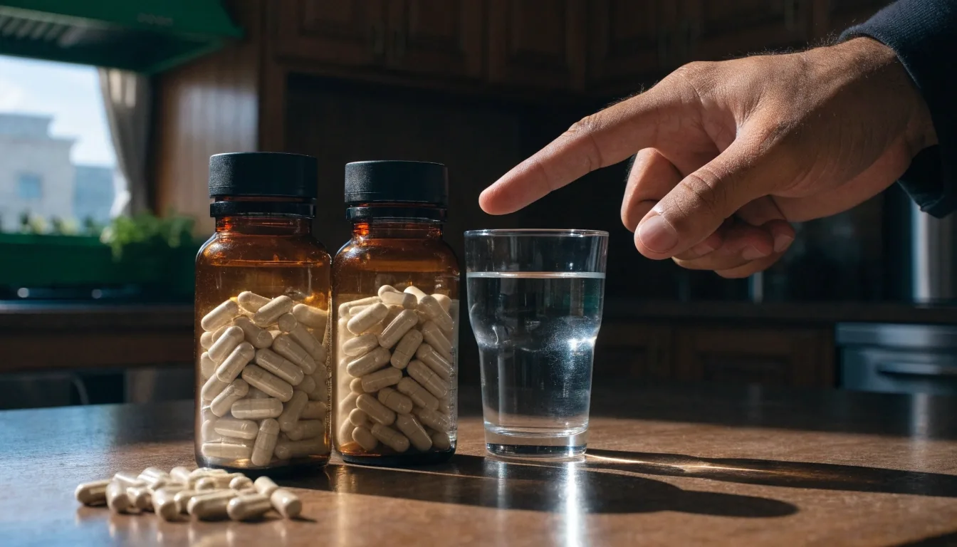 Hombre adulto revisando un frasco de cápsulas junto a un vaso de agua en una mesa de cocina