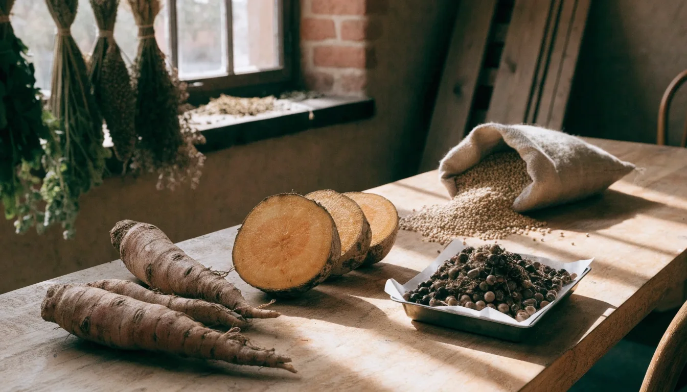 Mesa de secado con raíces de ginseng y maca, cápsulas botánicas y semillas de guaraná en luz de tarde