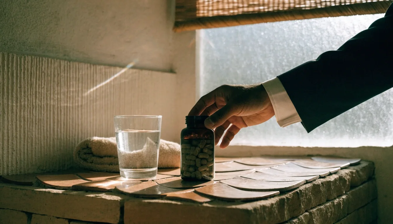 Frasco de suplemento y vaso de agua sobre el mostrador de una cocina al amanecer
