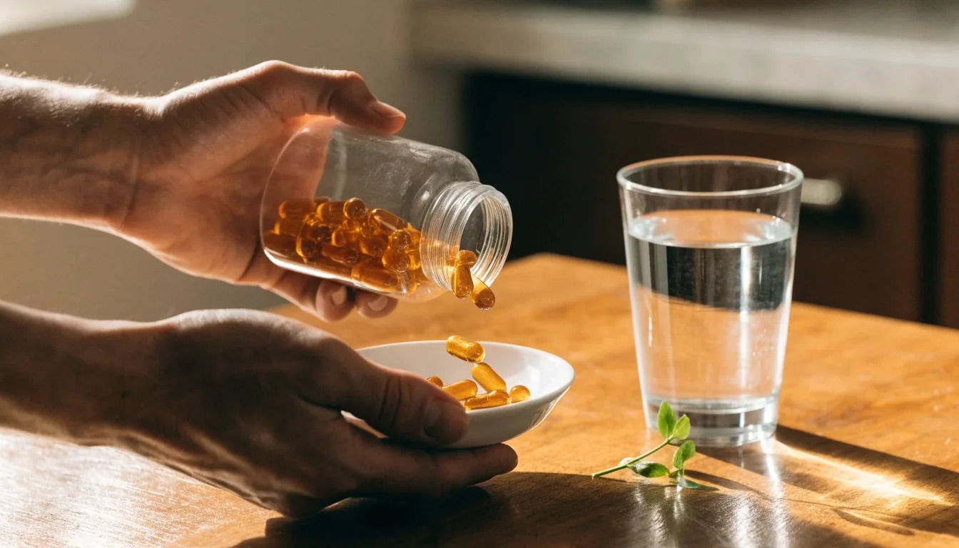 Hombre adulto preparando sus cápsulas naturales sobre una mesa de madera junto a un vaso de agua