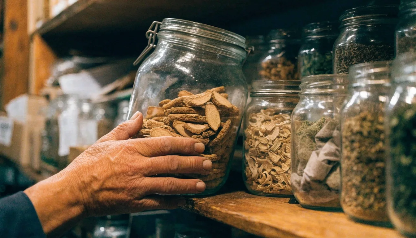 Raíz de ginseng seca en frascos de vidrio sobre un mostrador de madera en una tienda de herbolaria
