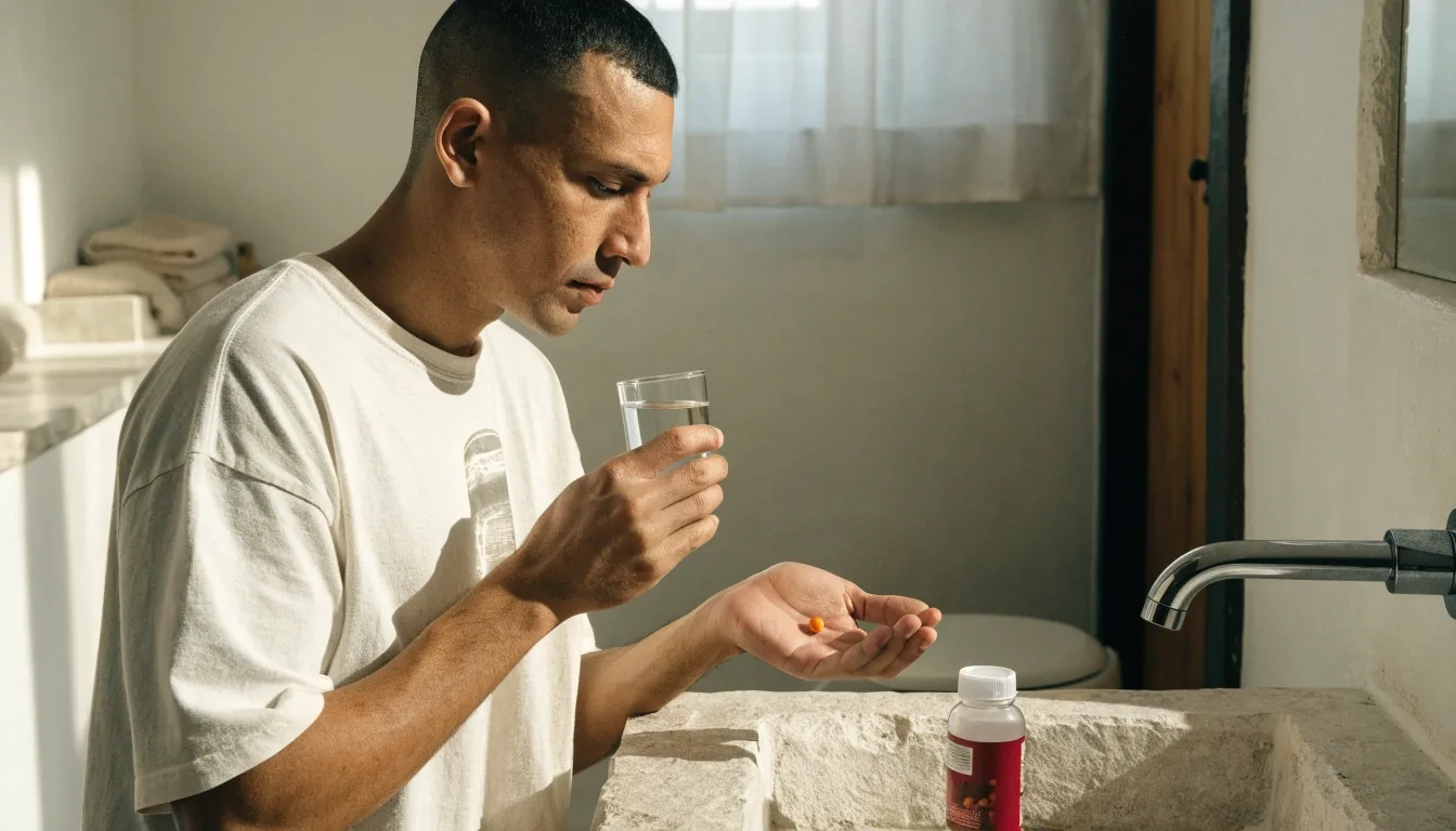 Cápsulas y tabletas de vitaminas para hombre sobre una superficie de piedra en una cocina con luz de mañana