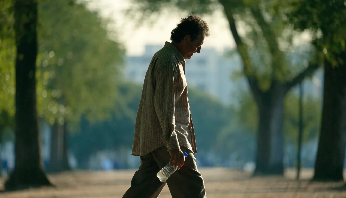 Hombre caminando por un parque de la Ciudad de México por la mañana con una botella de agua