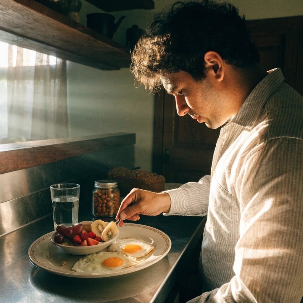Hombre preparando un desayuno sencillo con huevo, avena y fruta en una cocina con luz natural