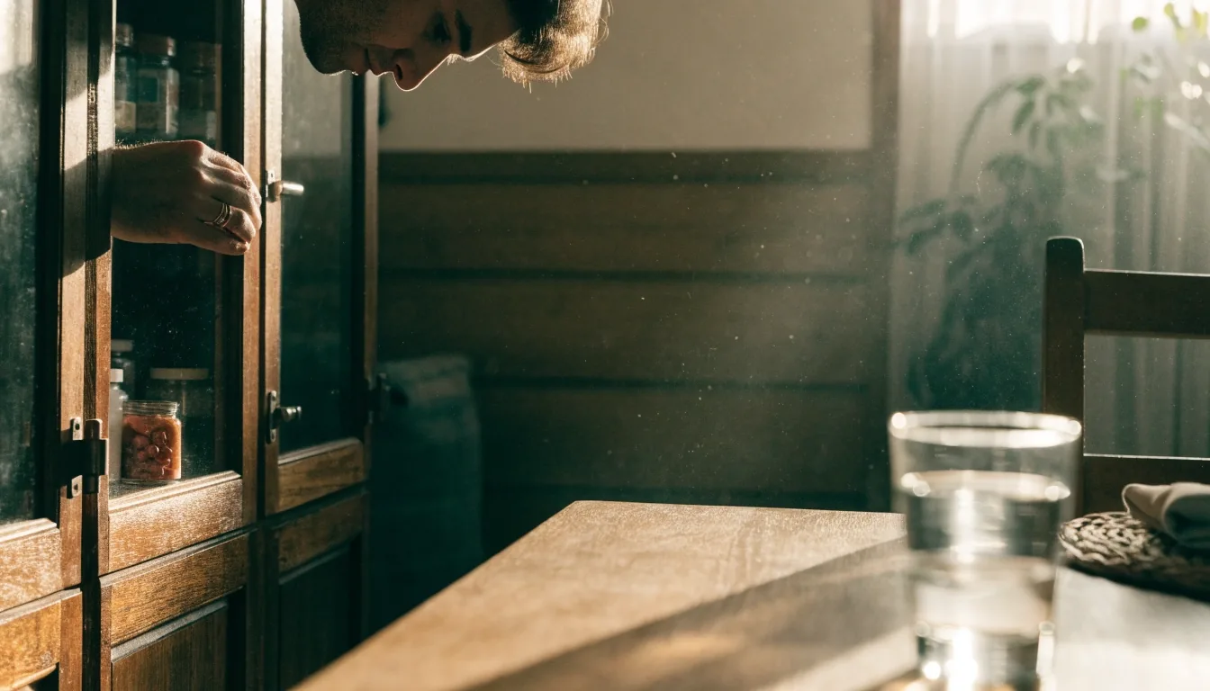 Barra de cocina con agua y un frasco de suplemento al final del día