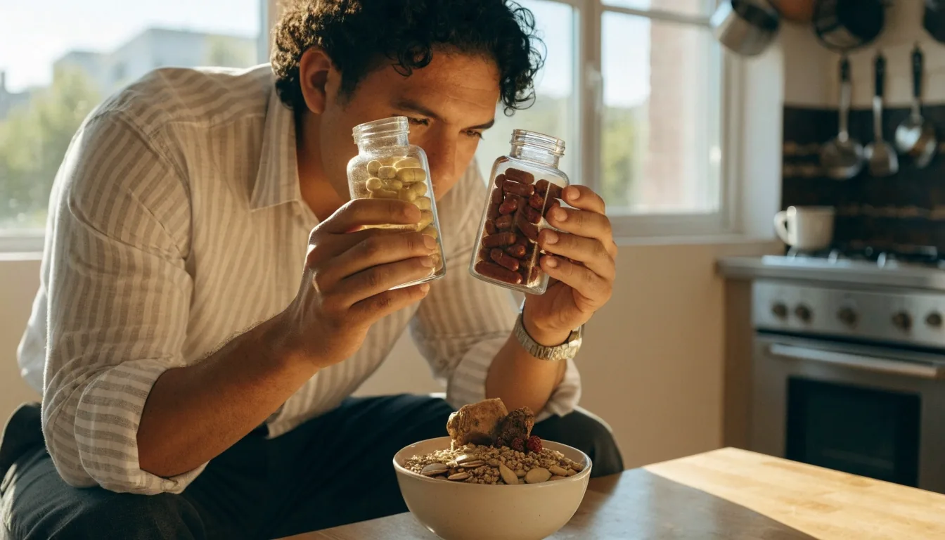 Frascos de suplementos sin etiqueta junto a semillas y frutos secos sobre una mesa de pizarra