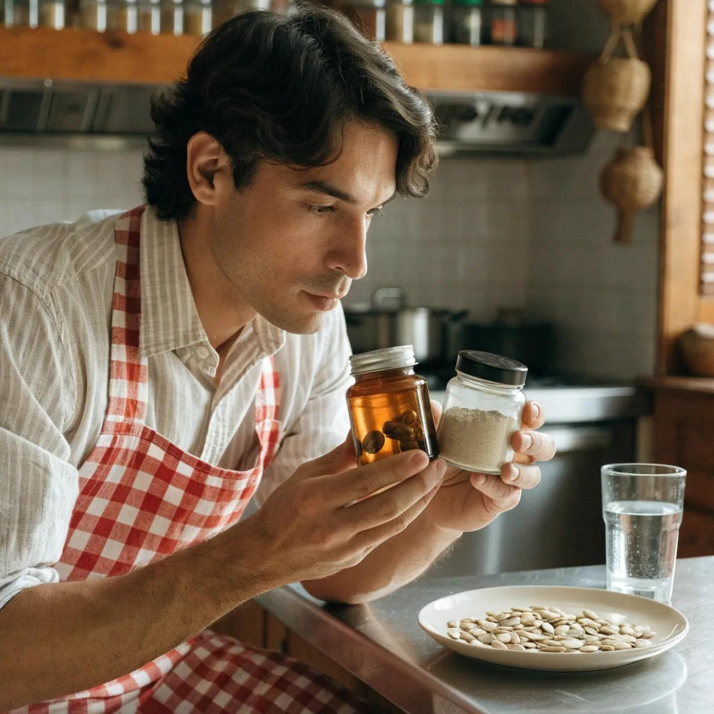 Mano girando un frasco de suplemento sobre la barra de una cocina con luz de mañana