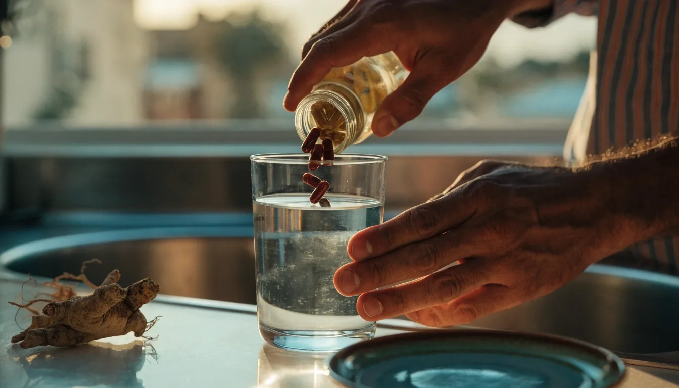 Frasco de suplemento y un vaso de agua sobre el mostrador de una cocina al atardecer