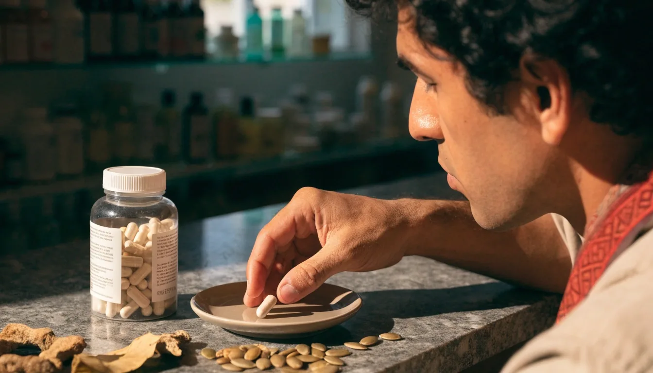 Hombre comparando dos frascos de suplementos naturales sobre el mostrador de una consulta