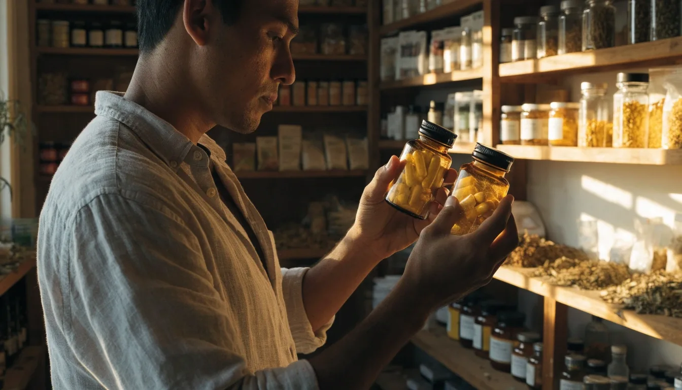 Pasillo de farmacia con frascos de vitaminas y un hombre leyendo la etiqueta de un producto