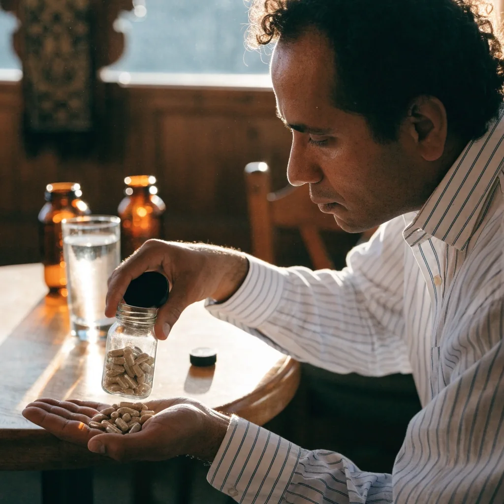 Hombre adulto comparando frascos de suplementos sin etiqueta legible junto a un vaso de agua en una cocina luminosa