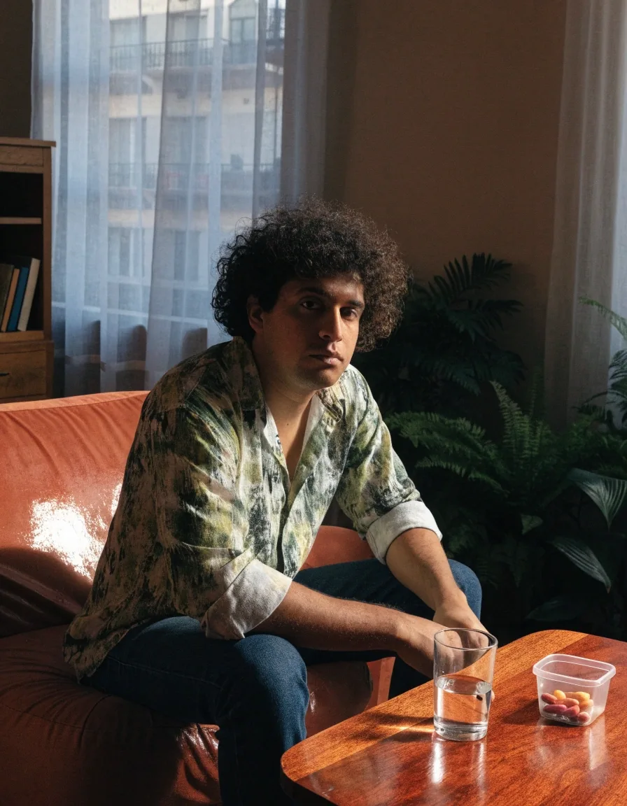 Hombre adulto de pie junto a la ventana de un departamento con un vaso de agua y un frasco de suplementos sin etiqueta legible